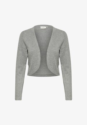 Cardigan grigio corto con maniche lunghe, texture morbida, design aperto e senza chiusure. Realizzato in un tessuto leggero ed elastico.