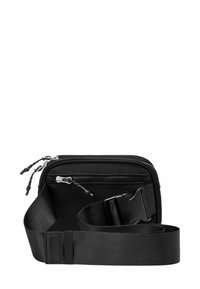 Schwarze Nylon-Crossbody-Tasche mit verstellbarem Träger, Hauptfach mit Reißverschluss und Fronttasche, ausgestattet mit silberfarbenen Beschlägen und einem eleganten Design.