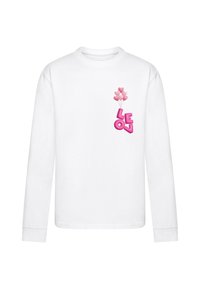 Weißes Langarm-T-Shirt mit grafischem Design eines rosa Herzballons und dem Text "LEON" in fetter pinker Schrift, mit Rundhalsausschnitt und gerippten Bündchen.