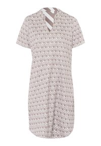 Robe à manches courtes en beige clair avec un motif géométrique dans des tons plus foncés. Elle présente un décolleté en V et une coupe décontractée, fabriquée en tissu doux.
