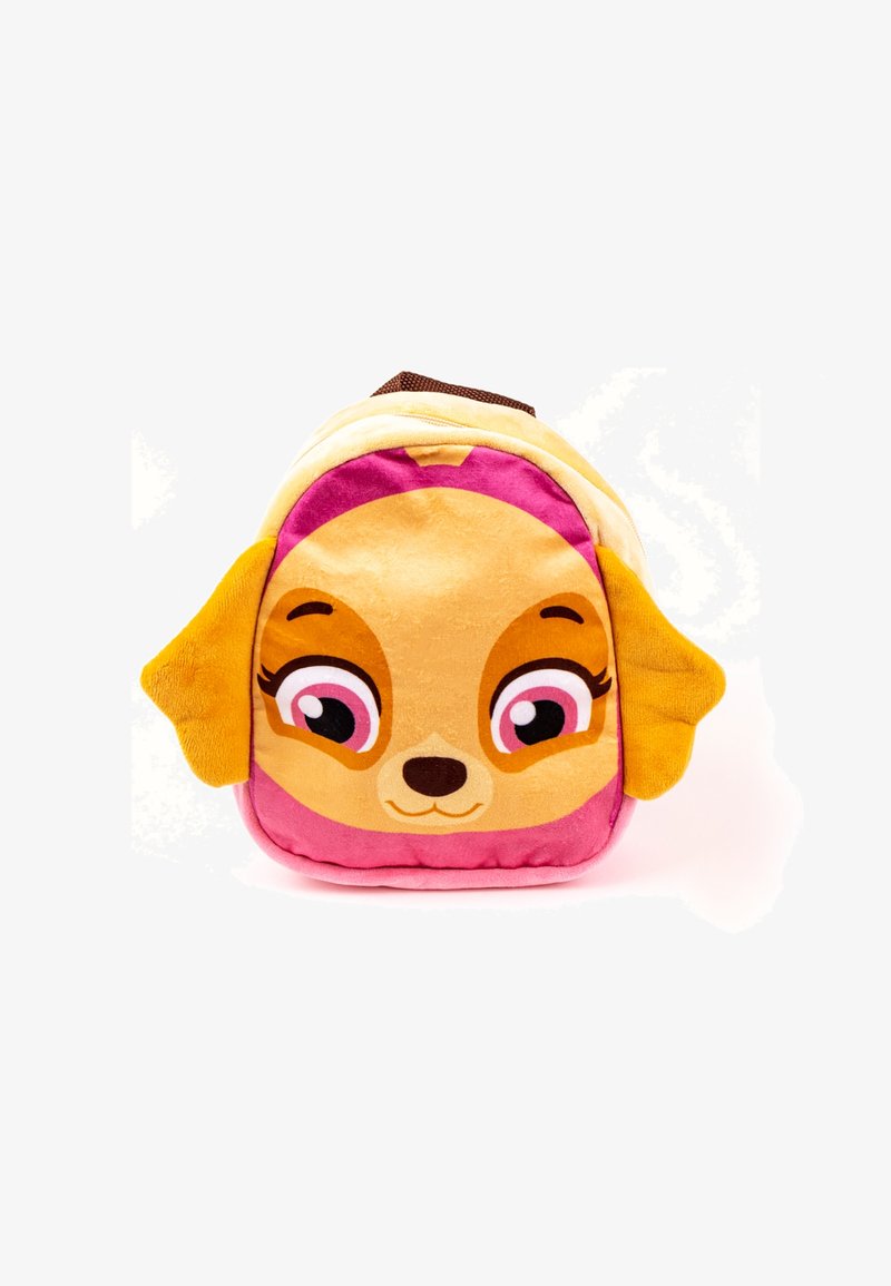 Pluszowy plecak w kształcie twarzy psa, z żółtymi uszami, różowymi akcentami, dużymi oczami i miękką, teksturowaną powierzchnią.