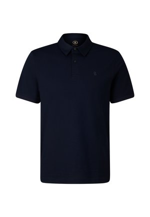 Navy blue short-sleeve polo shirt made of soft fabric. Features a buttoned collar and a subtle embossed logo on the chest.