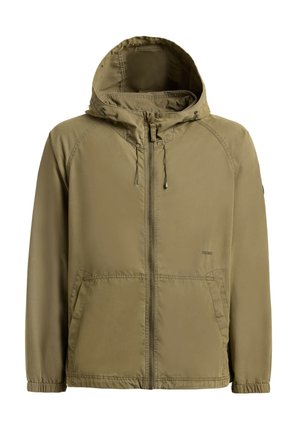 Jakna barve kaki zelene s kapuco, sprednjim zadrgo, vrvico za zategovanje na kapuci, elastičnimi manšetami in dvema sprednjima žepoma.