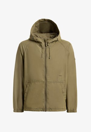 Khaki green hooded jacket with front zipper, drawstring hood, elastic cuffs, and two front pockets.