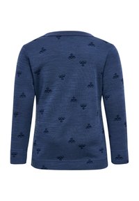 Marineblaues Langarmshirt aus strukturiertem Strickstoff mit einem Allover-Muster aus kleinen, stilisierten Blumenelementen. Runder Ausschnitt, keine sichtbaren Verschlüsse.