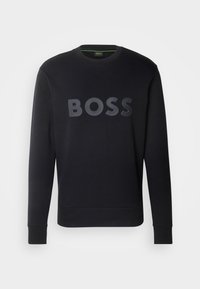 Felpa nera in misto cotone, con collo a girocollo e polsini a costine, caratterizzata da un grande logo lucido "BOSS" sul davanti.