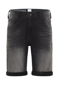 Czarne szorty dżinsowe z wyblakłą fakturą, podwiniętymi mankietami i pięcioma kieszeniami. Posiadają markowy pasek oraz metalowe zapięcie na guzik.