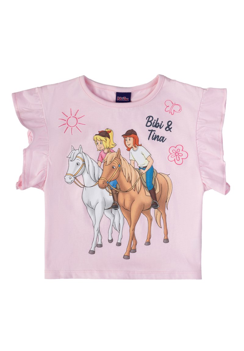 Maglietta a maniche corte rosa con una grafica di due ragazze a cavallo, con decorazioni floreali e la scritta "Bibi & Tina". Materiale in cotone morbido.