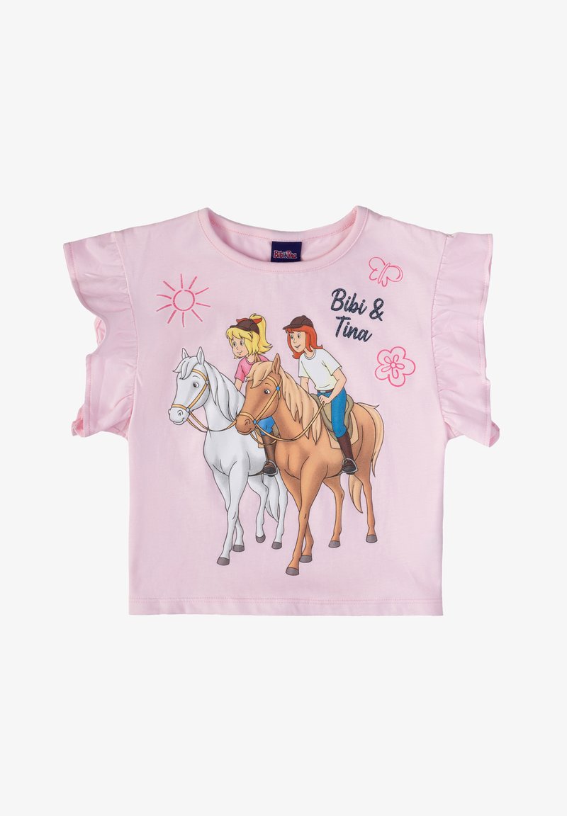 Maglietta a maniche corte rosa con una grafica di due ragazze a cavallo, con decorazioni floreali e la scritta "Bibi & Tina". Materiale in cotone morbido.