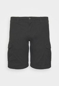 Bermudas negras de algodón, con dos bolsillos laterales, cierre de botón y corte recto. La tela tiene un ligero brillo.