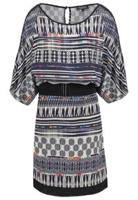 Luźna bluzka z wzorzystego materiału, z poziomymi i pionowymi paskami w kolorze granatowym, białym oraz wielobarwnymi akcentami. Z tyłu detal w kształcie klucza.