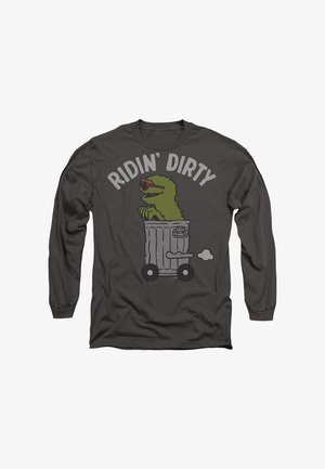 Langarmshirt in Dunkelgrau mit einem Grafikmotiv eines grünen Charakters in einem Mülleimer, darüber der Text "RIDIN' DIRTY".