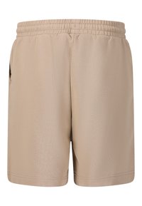 Beige idrottsshorts med elastisk midjeband och sidofickor. Slät tyg med mitt-lår längd och enkla söm detaljer.