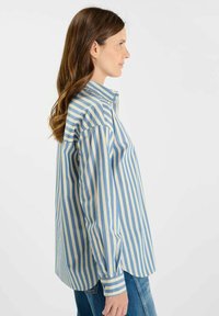 Camicia a righe blu e crema, con collo e maniche lunghe. Presenta una vestibilità morbida e un tessuto leggero e liscio.