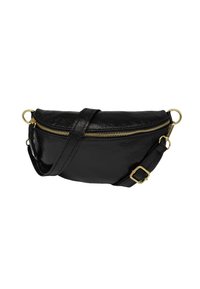 Sac à bandoulière en cuir noir avec une texture brillante, fermeture éclair dorée et bandoulière réglable. Forme incurvée avec des détails en métal.