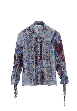 Blusa de manga larga con botones, estampados florales y geométricos multicolores, mangas fruncidas y detalles de lazos en los puños.