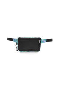 Borsa in tessuto nero con un bordo a motivo floreale. Dotata di chiusura con zip, tracolla regolabile e un piccolo anello per accessori. Design compatto e rettangolare.