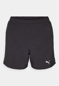 Svarta sportshorts i lätt tyg, med resår i midjan och en liten vit Puma-logga på vänster sida.