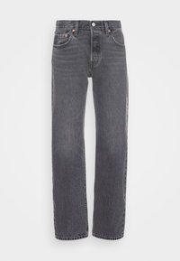 Jeans in denim grigio scuro con design a gamba dritta, stile a cinque tasche, chiusura con bottone metallico e leggero scolorimento sulla parte frontale.