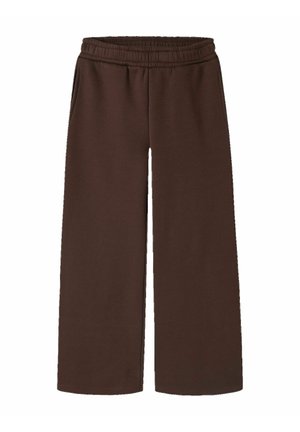 Pantalon marron à jambes larges avec taille élastique et poches latérales, présenté sur fond blanc.