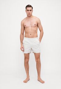 Pánske svetlo béžové plavky s elastickým pásom a bočnými vreckami. Vyrobené z hladkej, rýchloschnúcej látky. Jednoduchý, minimalistický dizajn.