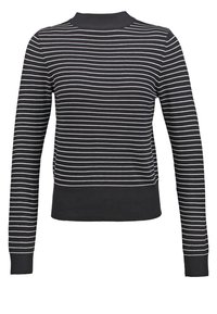 Musta villapaita, jossa valkoisia vaakaraitoja, resoroitu korkeakaulus ja hihansuut, istuva malli, pehmeä pinta ja joustava vyötärönauha.