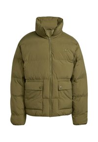 Olīvu zaļš pūkains jaka ar augstu apkakli, priekšējo rāvējslēdzēju, divām pogu kabatām un izšūtu rakstu detaļām. Mīksta, teksturēta auduma.