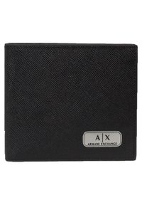 Portafoglio in pelle nera con superficie testurizzata, dotato di un logo Armani Exchange in argento. Design a bifold con slot per carte e comparto per monete.