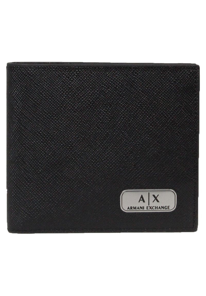 Portafoglio in pelle nera con superficie testurizzata, dotato di un logo Armani Exchange in argento. Design a bifold con slot per carte e comparto per monete.