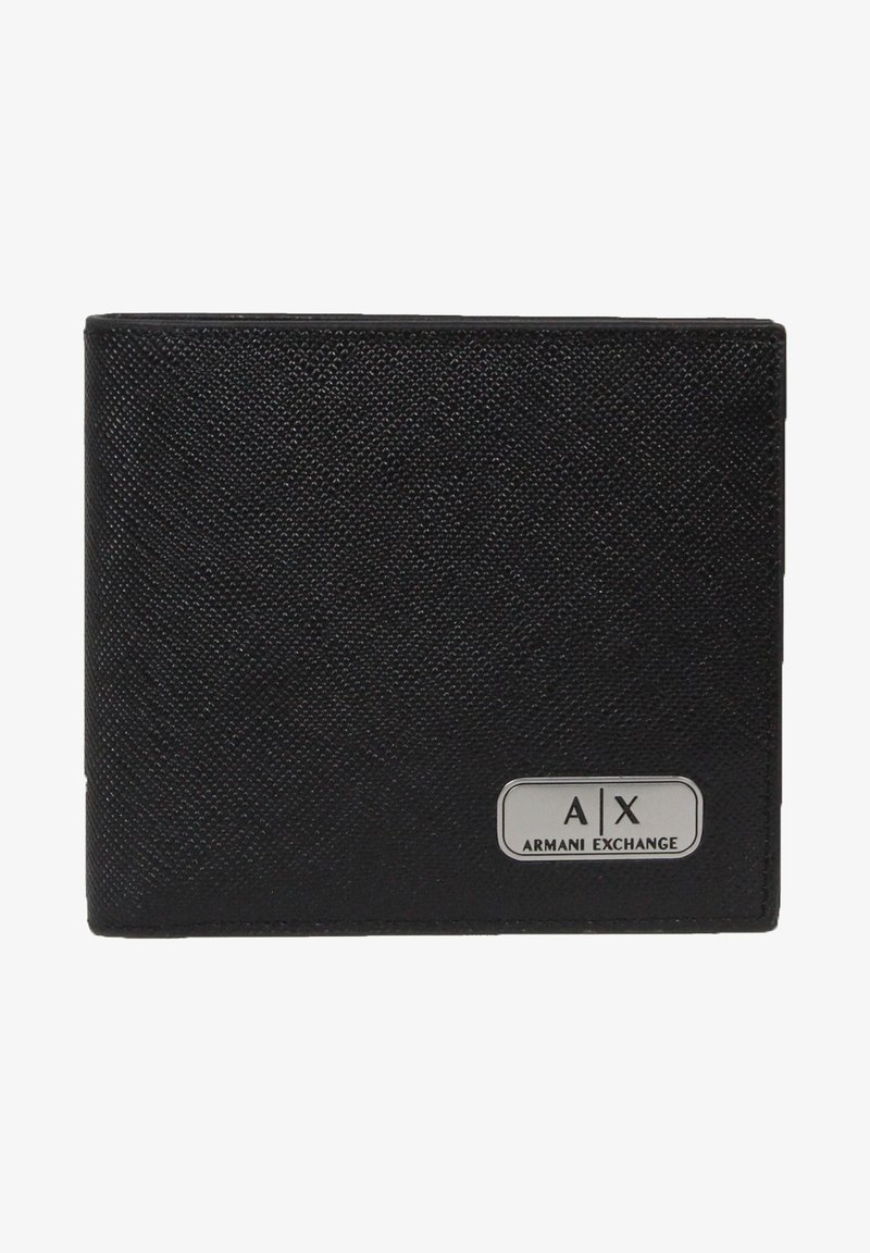 Portafoglio in pelle nera con superficie testurizzata, dotato di un logo Armani Exchange in argento. Design a bifold con slot per carte e comparto per monete.