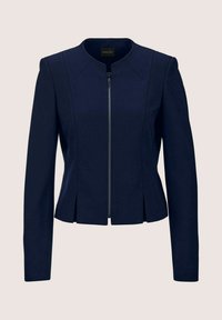 Kornblumenblaues maßgeschneidertes Jackett mit rundem Kragen, frontalem Reißverschluss und strukturiertem Design. Verfügt über Nahtdetails und einen ausgestellten Saum.