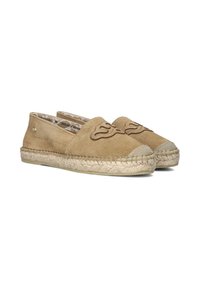 Suède espadrilles in beige met decoratieve stiksels en gevlochten jute zool. Ronde neus en laag, instapontwerp.