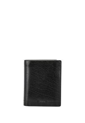 Portefeuille en cuir noir avec une finition texturée, design bi-fold et détails de couture subtils. Forme compacte avec des bords lisses.