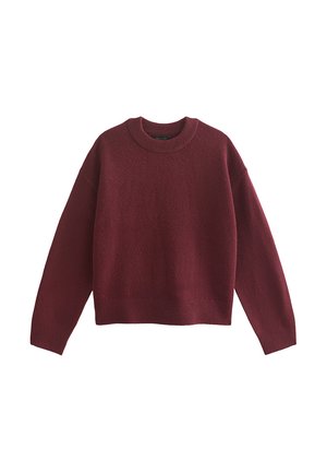 Long-sleeve, crew-neck knitted sweater in dark red with ribbed cuffs and hem, laid flat on a white background.