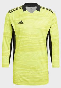 Adidas goalkeeper shirt in bright yellow with black accents. Features a wavy pattern, long sleeves, and a lightweight, breathable fabric.