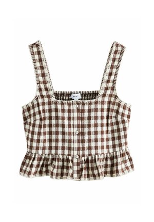 Braun-weiß kariertes kurzes Top mit breiten Trägern, Knöpfen vorne und gerafftem Saum.