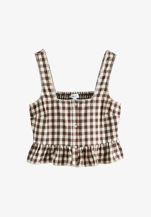Braun-weiß kariertes kurzes Top mit breiten Trägern, Knöpfen vorne und gerafftem Saum.