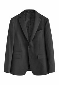 Charcoal-grauer Blazer aus strukturiertem Stoff, ausgestattet mit einem Reverskragen, zwei Fronttaschen und einem Ein-Knopf-Verschluss. Das Innenfutter hat ein gemustertes Design.