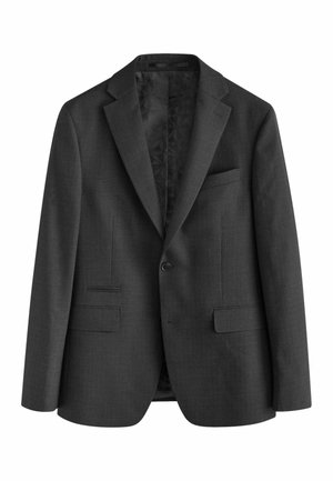 Charcoal-grauer Blazer aus strukturiertem Stoff, ausgestattet mit einem Reverskragen, zwei Fronttaschen und einem Ein-Knopf-Verschluss. Das Innenfutter hat ein gemustertes Design.