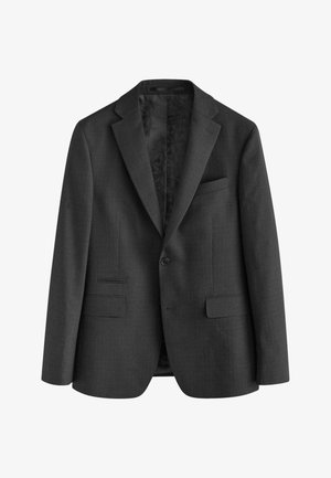 Charcoal-grauer Blazer aus strukturiertem Stoff, ausgestattet mit einem Reverskragen, zwei Fronttaschen und einem Ein-Knopf-Verschluss. Das Innenfutter hat ein gemustertes Design.