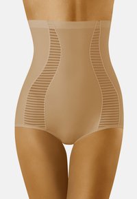 Beige, hochgeschnittene Shaping-Höschen mit gerippten, texturierten Einsätzen an den Seiten. Glattes, dehnbares Material mit passgenauer Passform. Nahtloses Design.