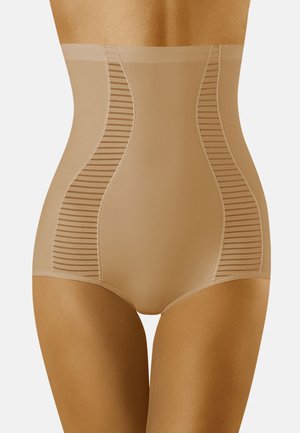Mutande a vita alta beige modellanti con pannelli testurizzati a coste sui lati. Tessuto liscio ed elastico con una vestibilità aderente. Design senza cuciture.