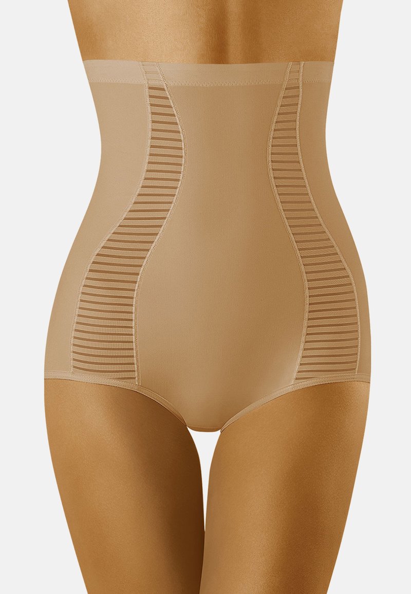 Beige, hochgeschnittene Shaping-Höschen mit gerippten, texturierten Einsätzen an den Seiten. Glattes, dehnbares Material mit passgenauer Passform. Nahtloses Design.