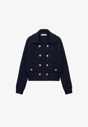 Tamno plava skraćena kardigan jakna izrađena od pletene tkanine, s širokim ovratnikom, dvostrukim kopčanjem i zlatnim gumbima na prednjem dijelu i džepovima.