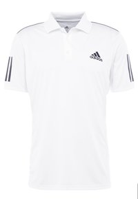 Bílá polo košile vyrobená z prodyšného materiálu, s tříknoflíkovou légou, krátkými rukávy a černým logem Adidas na levém prsu a rukávech.