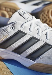 Weißer Sneaker mit schwarzen Streifen, weißen Schnürsenkeln und einer Gummisohle, der auf einer blauen und hölzernen Bodenfläche ruht.