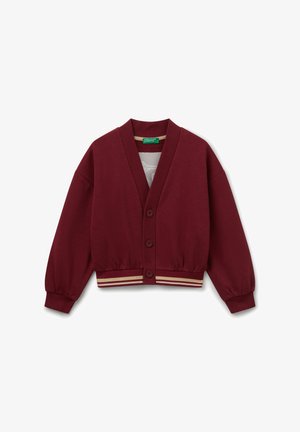 Bordó kardigan na knoflíky s výstřihem do V, žebrovanými manžetami a proužkovaným žebrovaným lemem v béžové a bordó barvě.