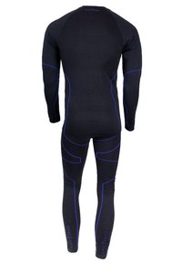 Schwarzes, thermisches Basisschicht-Set mit langen Ärmeln und Beinen, gefertigt aus dehnbarem Stoff in Schwarz mit blauen Nähten und Akzenten aus Stoffpaneelen.