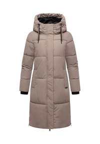 Lång taupe-färgad vadderad vinterjacka med huva, svart innerfoder, dra åt snören, sidofickor och frontdragkedja.