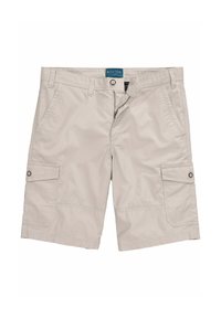 Beige Cargo-Shorts mit Knopf- und Reißverschluss, Seitentaschen und einer Cargotasche am rechten Bein. Aus leichtem Stoff gefertigt.